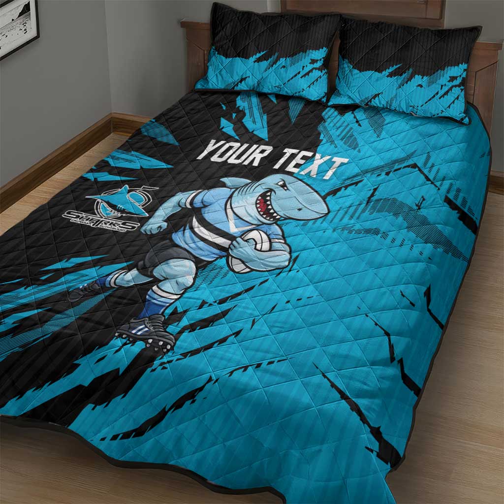 Personalized Cronulla Sharks Quilt Bed Set Dynamic Lightning Mascot Rugby Australia