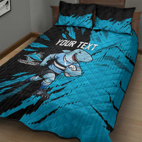 Personalized Cronulla Sharks Quilt Bed Set Dynamic Lightning Mascot Rugby Australia
