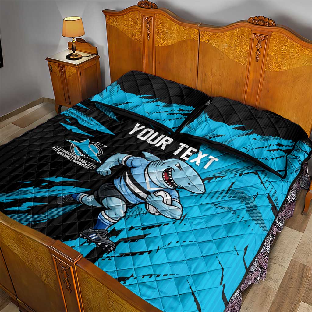 Personalized Cronulla Sharks Quilt Bed Set Dynamic Lightning Mascot Rugby Australia