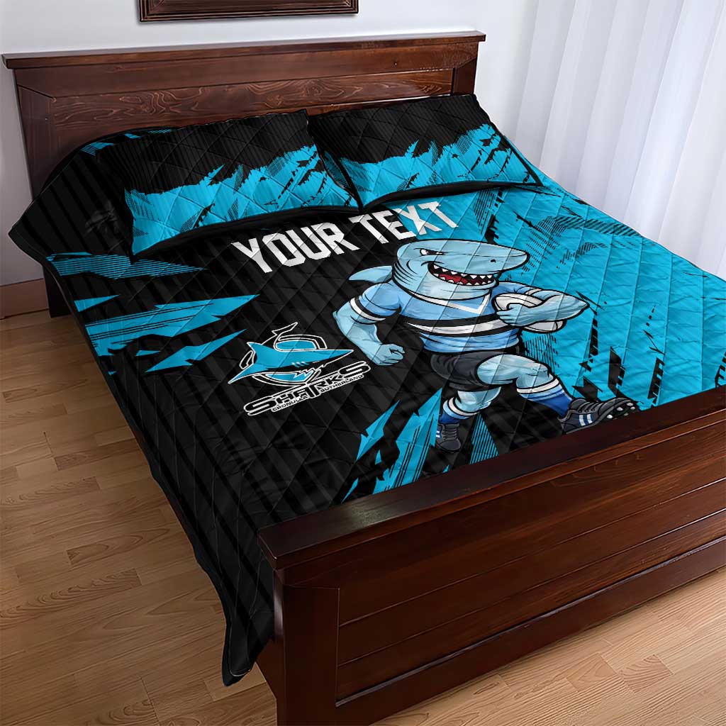 Personalized Cronulla Sharks Quilt Bed Set Dynamic Lightning Mascot Rugby Australia