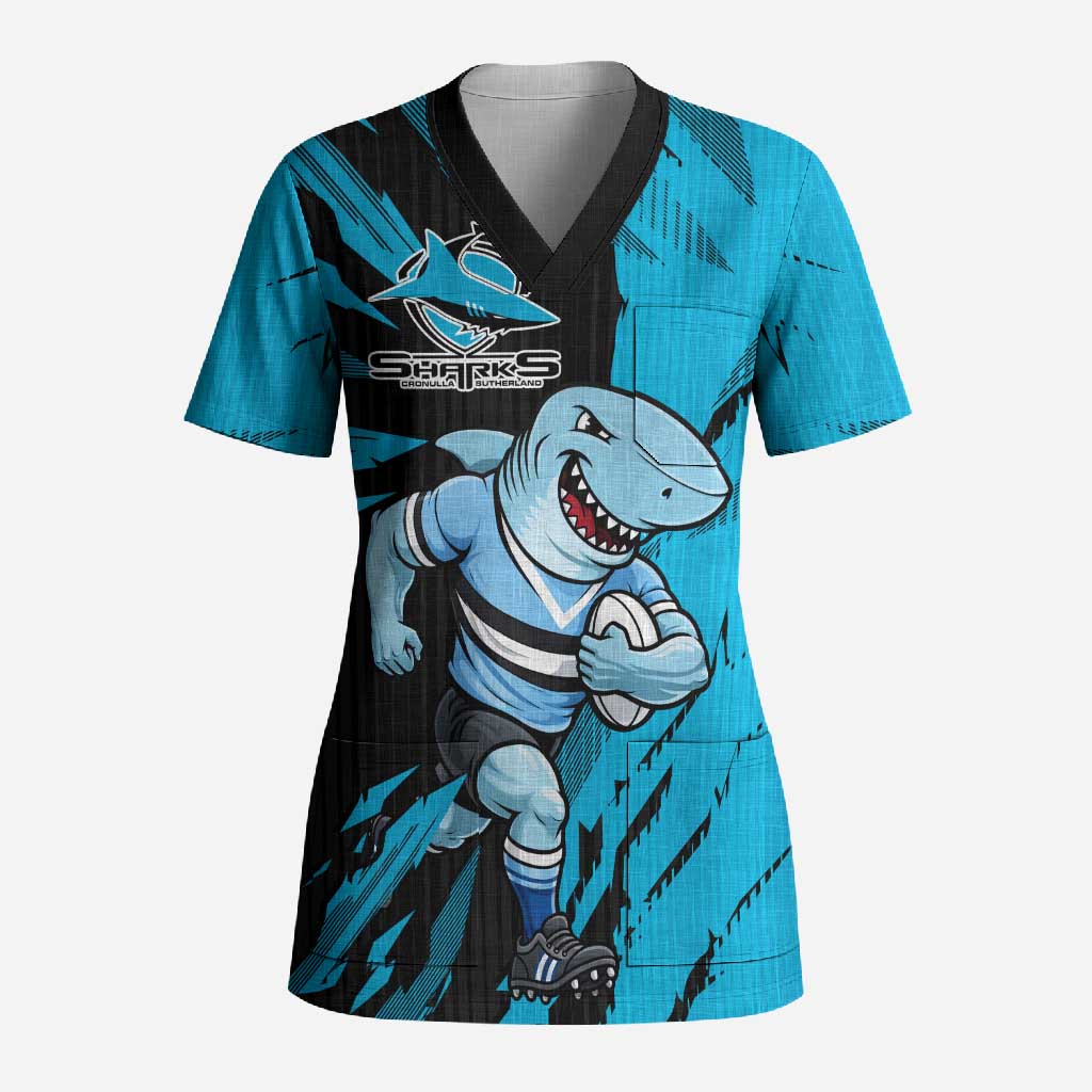 Personalized Cronulla Sharks Scrub Top Dynamic Lightning Mascot Rugby Australia