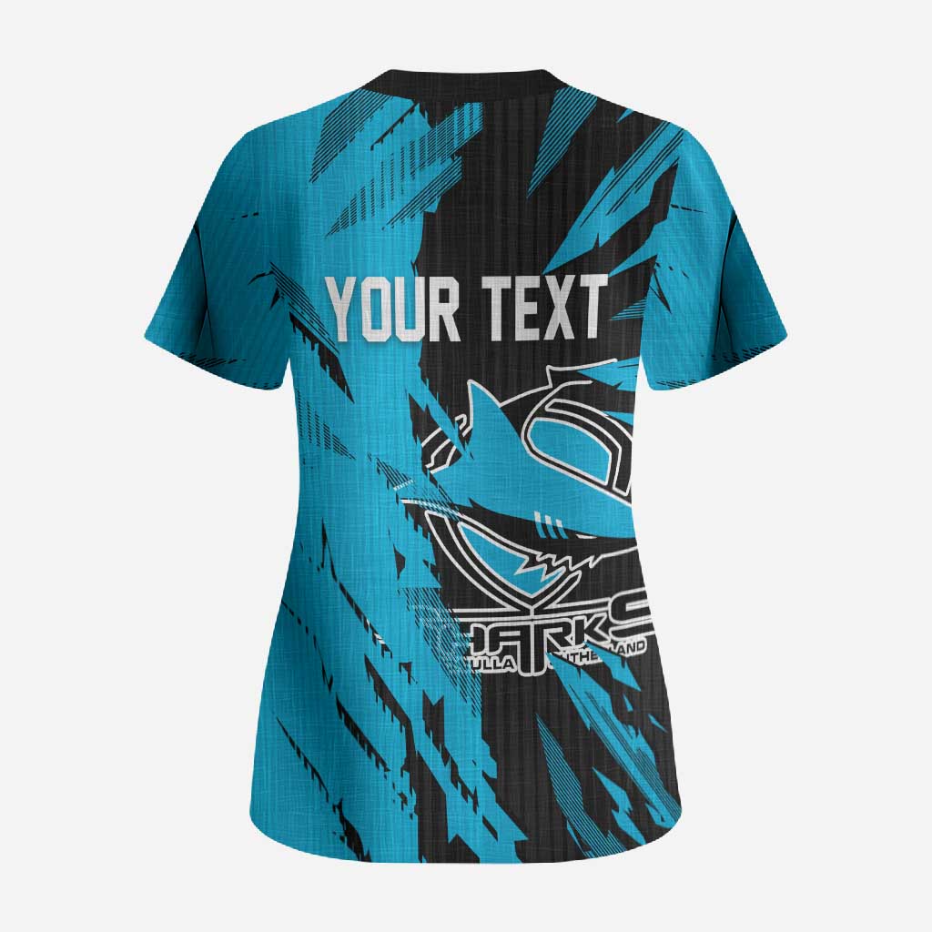 Personalized Cronulla Sharks Scrub Top Dynamic Lightning Mascot Rugby Australia