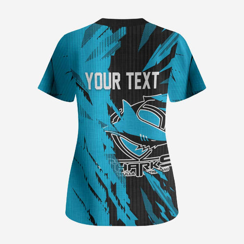 Personalized Cronulla Sharks Scrub Top Dynamic Lightning Mascot Rugby Australia
