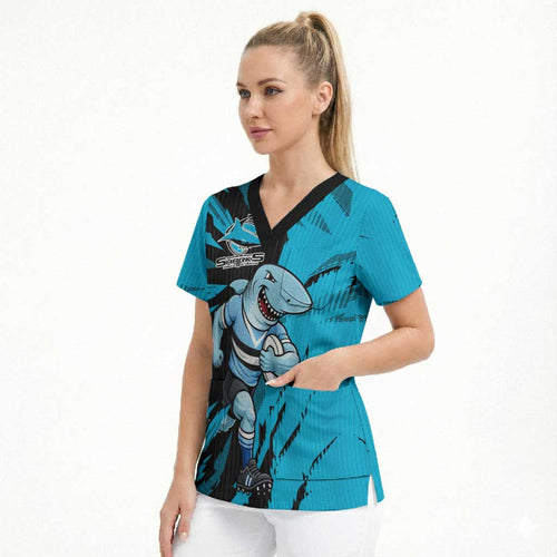 Personalized Cronulla Sharks Scrub Top Dynamic Lightning Mascot Rugby Australia
