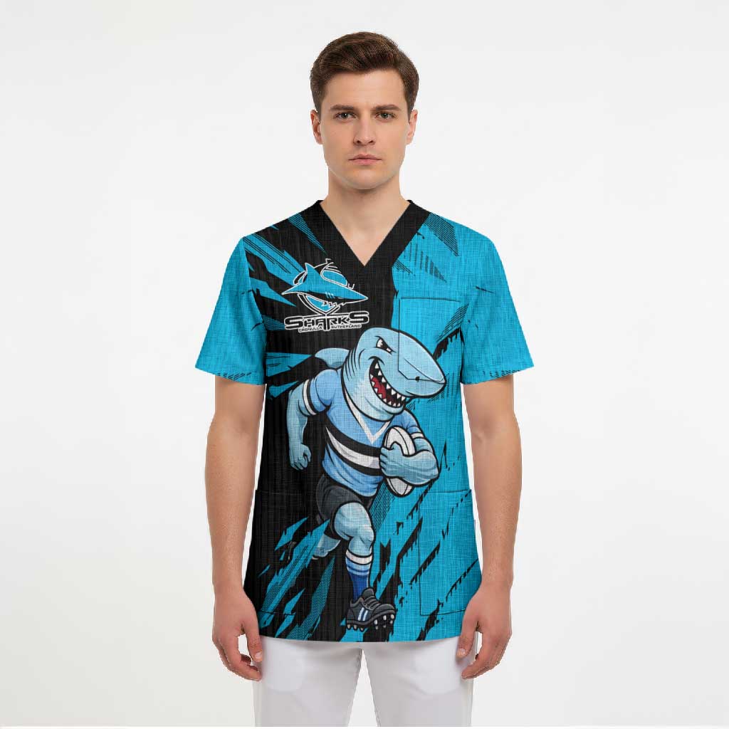 Personalized Cronulla Sharks Scrub Top Dynamic Lightning Mascot Rugby Australia