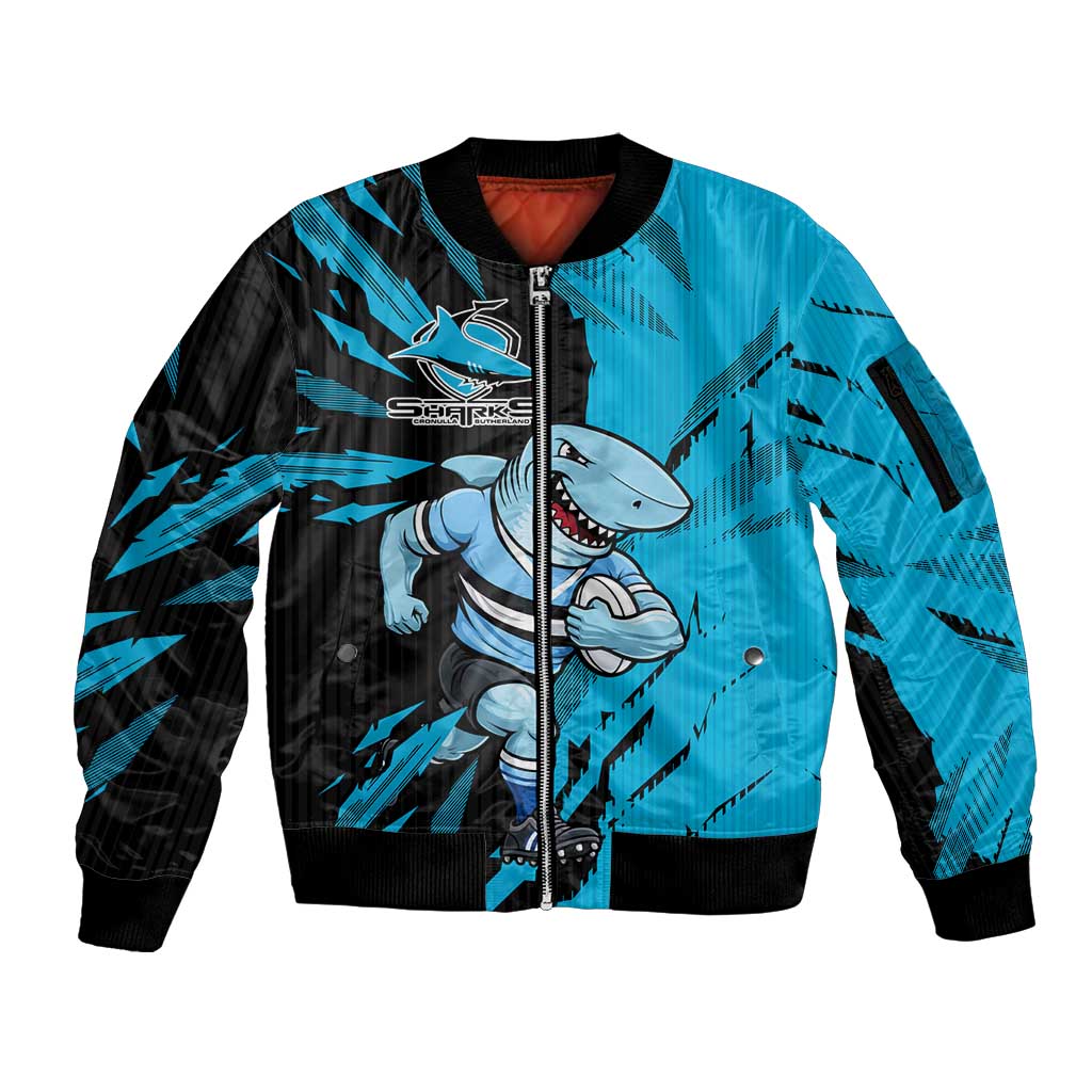 Personalized Cronulla Sharks Sleeve Zip Bomber Jacket Dynamic Lightning Mascot Rugby Australia