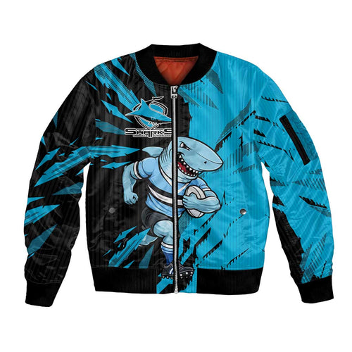 Personalized Cronulla Sharks Sleeve Zip Bomber Jacket Dynamic Lightning Mascot Rugby Australia