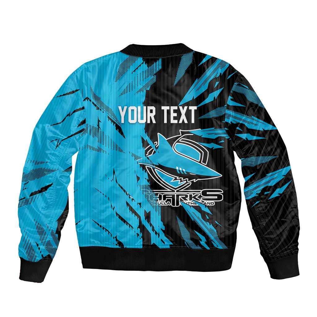 Personalized Cronulla Sharks Sleeve Zip Bomber Jacket Dynamic Lightning Mascot Rugby Australia