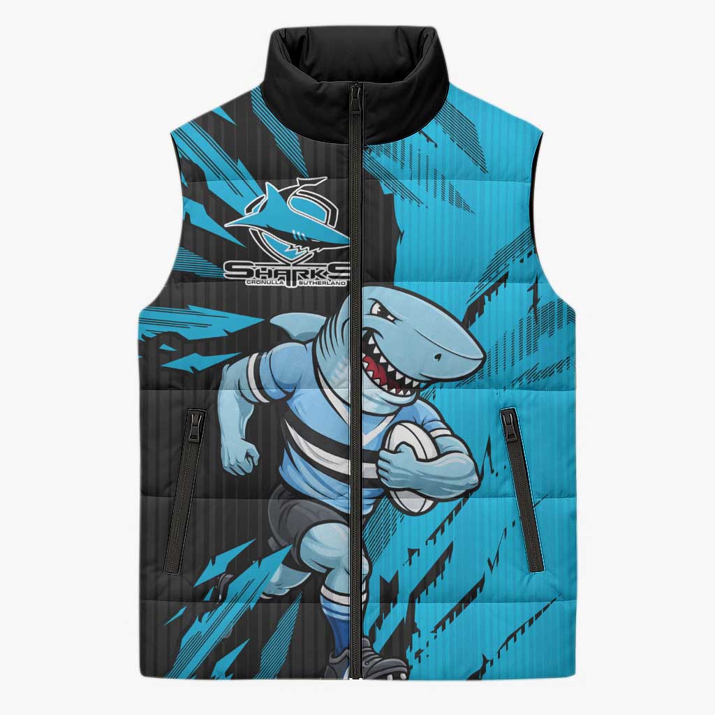 Personalized Cronulla Sharks Sleeveless Puffer Jacket Dynamic Lightning Mascot Rugby Australia