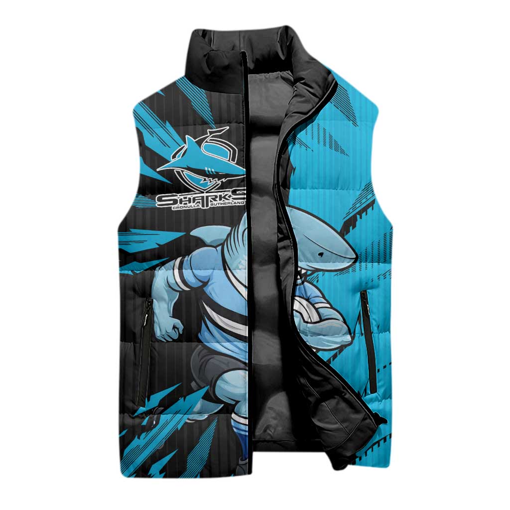 Personalized Cronulla Sharks Sleeveless Puffer Jacket Dynamic Lightning Mascot Rugby Australia