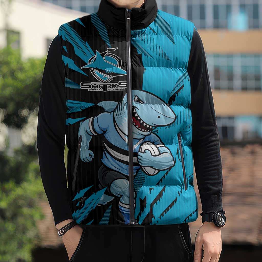 Personalized Cronulla Sharks Sleeveless Puffer Jacket Dynamic Lightning Mascot Rugby Australia