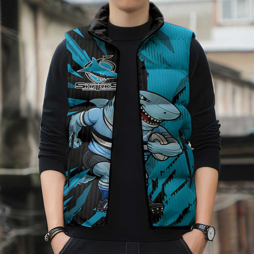 Personalized Cronulla Sharks Sleeveless Puffer Jacket Dynamic Lightning Mascot Rugby Australia