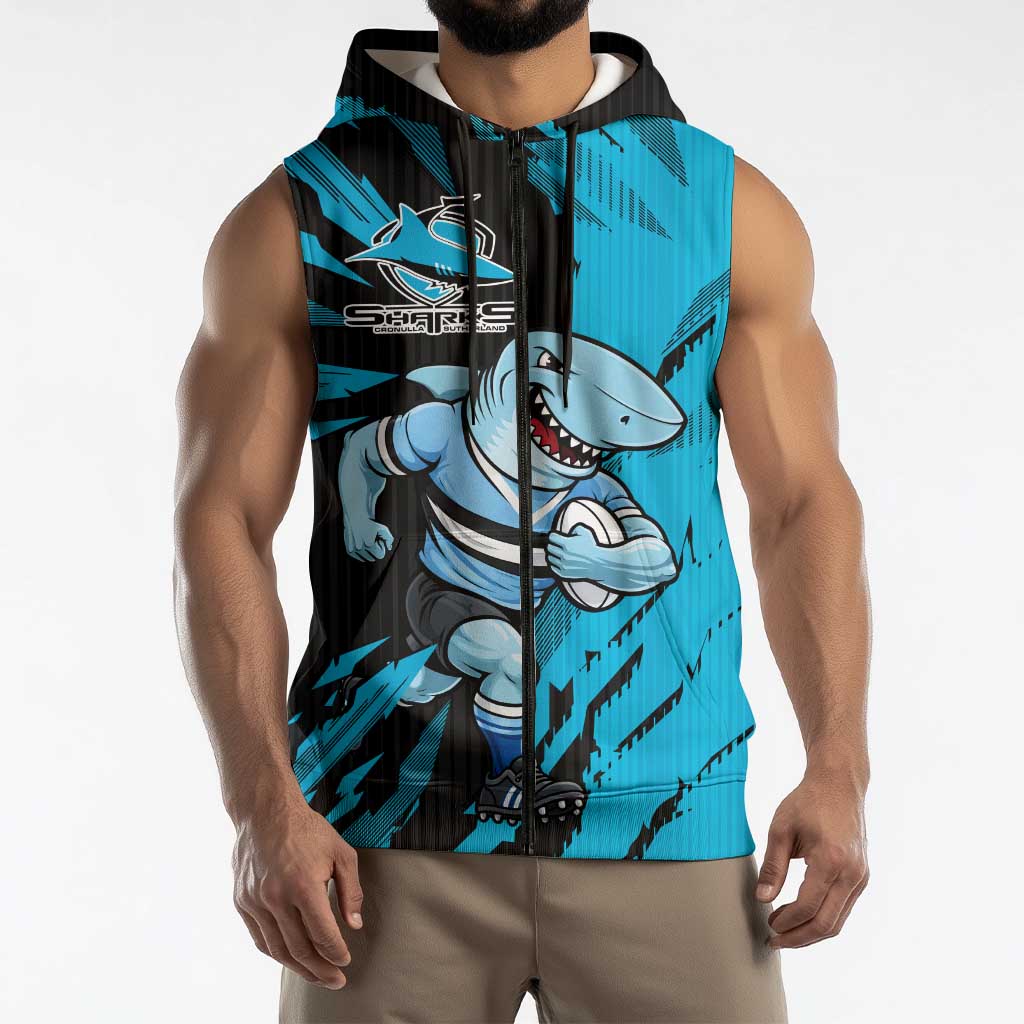 Personalized Cronulla Sharks Sleeveless Zip Hoodie Dynamic Lightning Mascot Rugby Australia