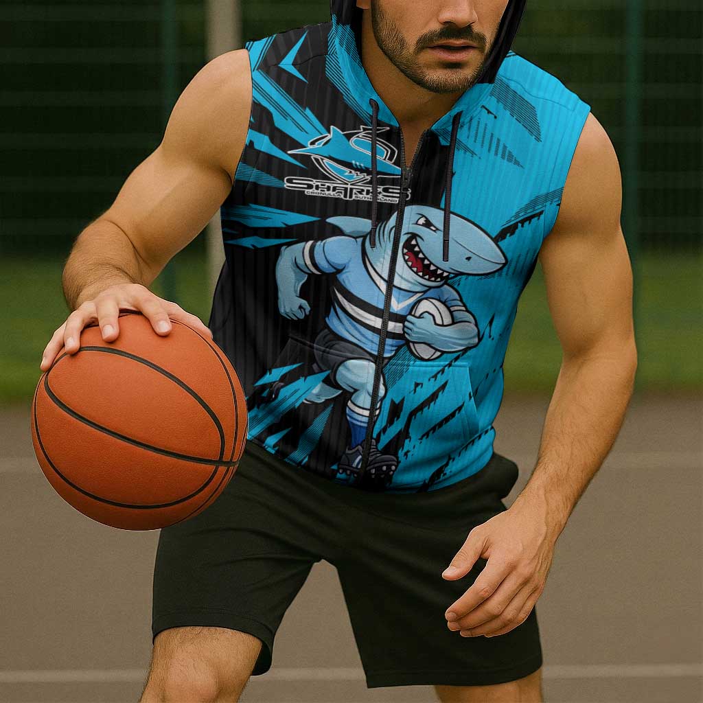 Personalized Cronulla Sharks Sleeveless Zip Hoodie Dynamic Lightning Mascot Rugby Australia