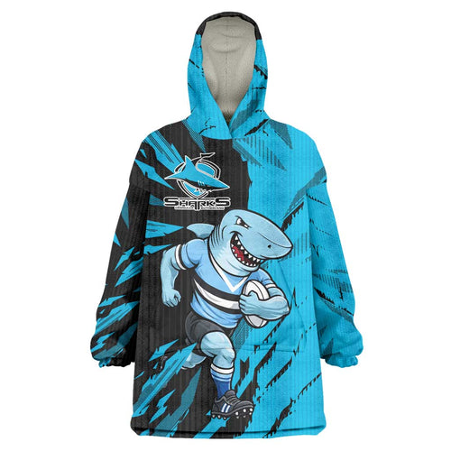 Personalized Cronulla Sharks Wearable Blanket Hoodie Dynamic Lightning Mascot Rugby Australia