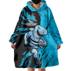 Personalized Cronulla Sharks Wearable Blanket Hoodie Dynamic Lightning Mascot Rugby Australia