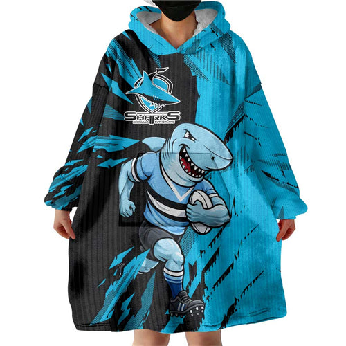 Personalized Cronulla Sharks Wearable Blanket Hoodie Dynamic Lightning Mascot Rugby Australia