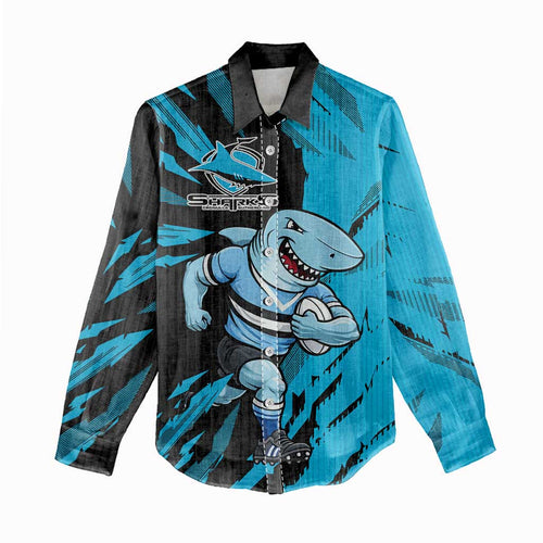 Personalized Cronulla Sharks Women Casual Shirt Dynamic Lightning Mascot Rugby Australia