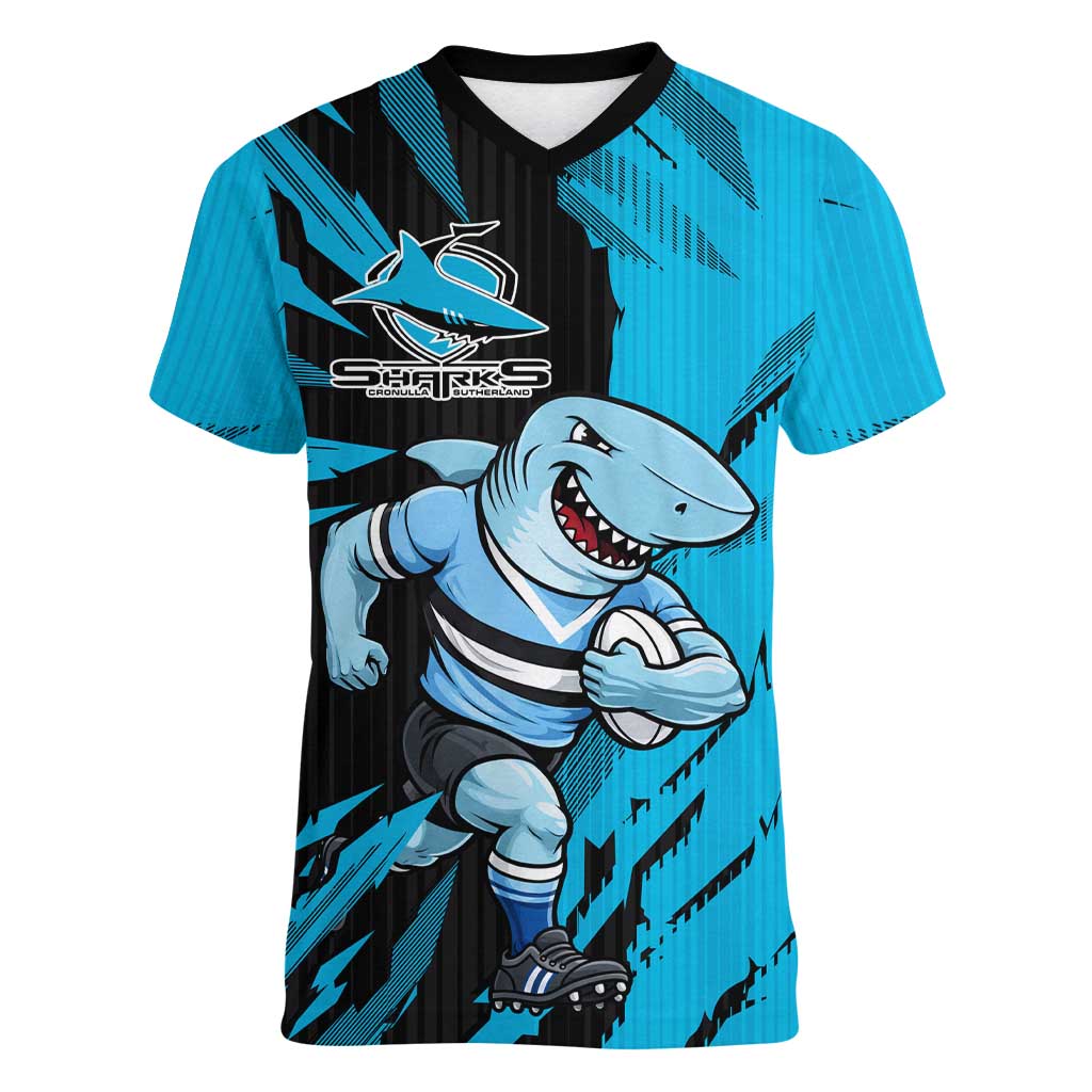 Personalized Cronulla Sharks Women V-Neck T-Shirt Dynamic Lightning Mascot Rugby Australia