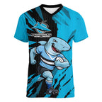 Personalized Cronulla Sharks Women V-Neck T-Shirt Dynamic Lightning Mascot Rugby Australia