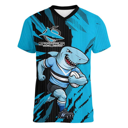 Personalized Cronulla Sharks Women V-Neck T-Shirt Dynamic Lightning Mascot Rugby Australia