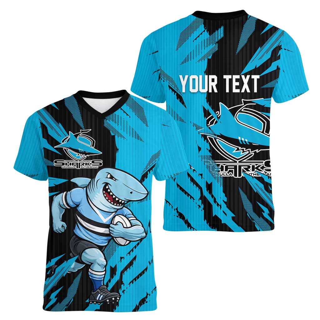 Personalized Cronulla Sharks Women V-Neck T-Shirt Dynamic Lightning Mascot Rugby Australia