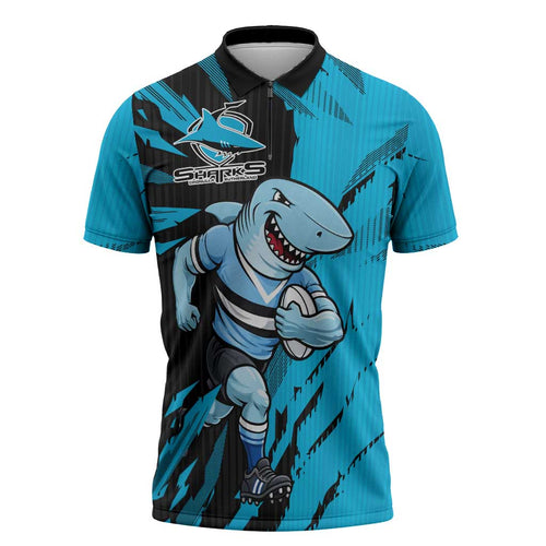 Personalized Cronulla Sharks Zipper Polo Shirt Dynamic Lightning Mascot Rugby Australia