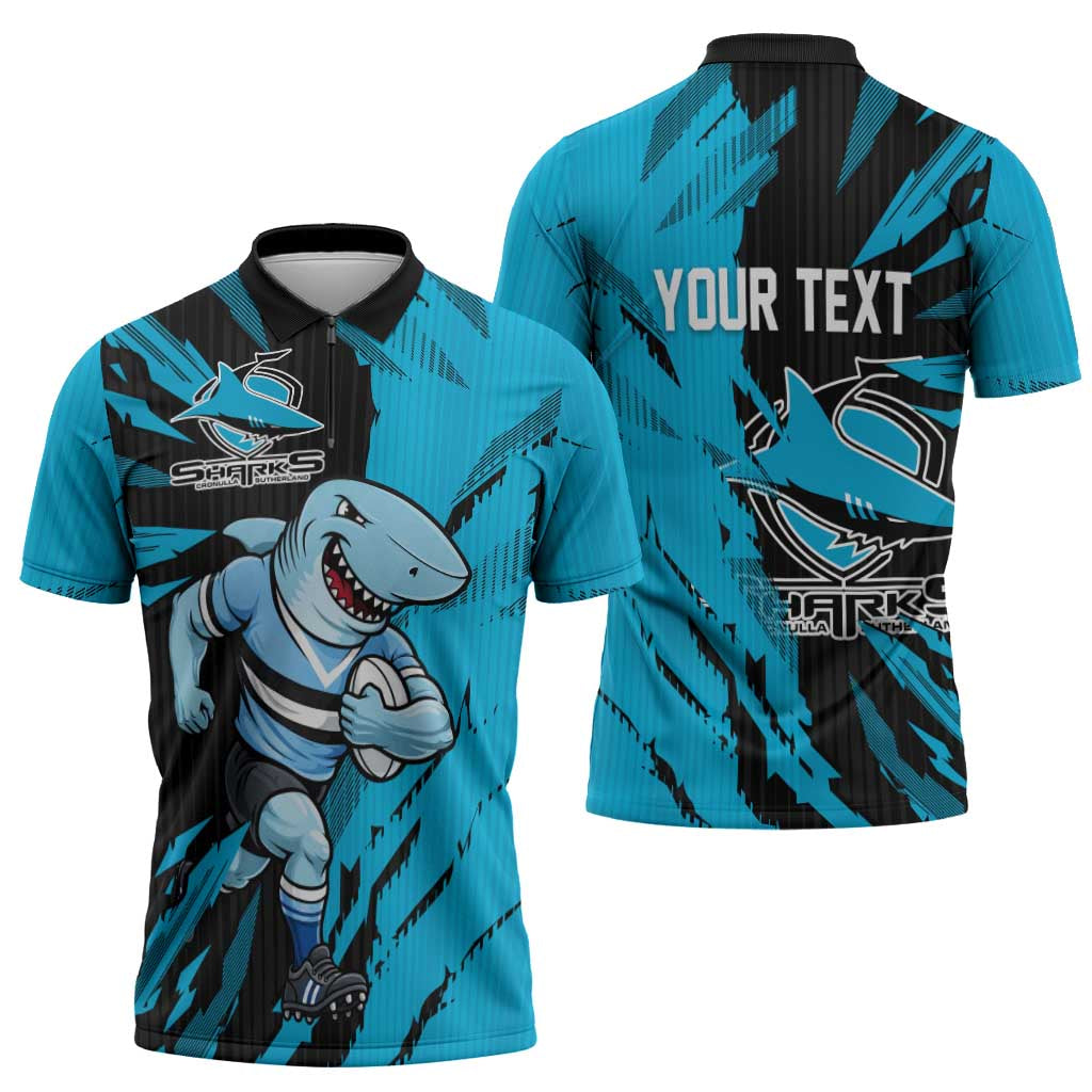 Personalized Cronulla Sharks Zipper Polo Shirt Dynamic Lightning Mascot Rugby Australia