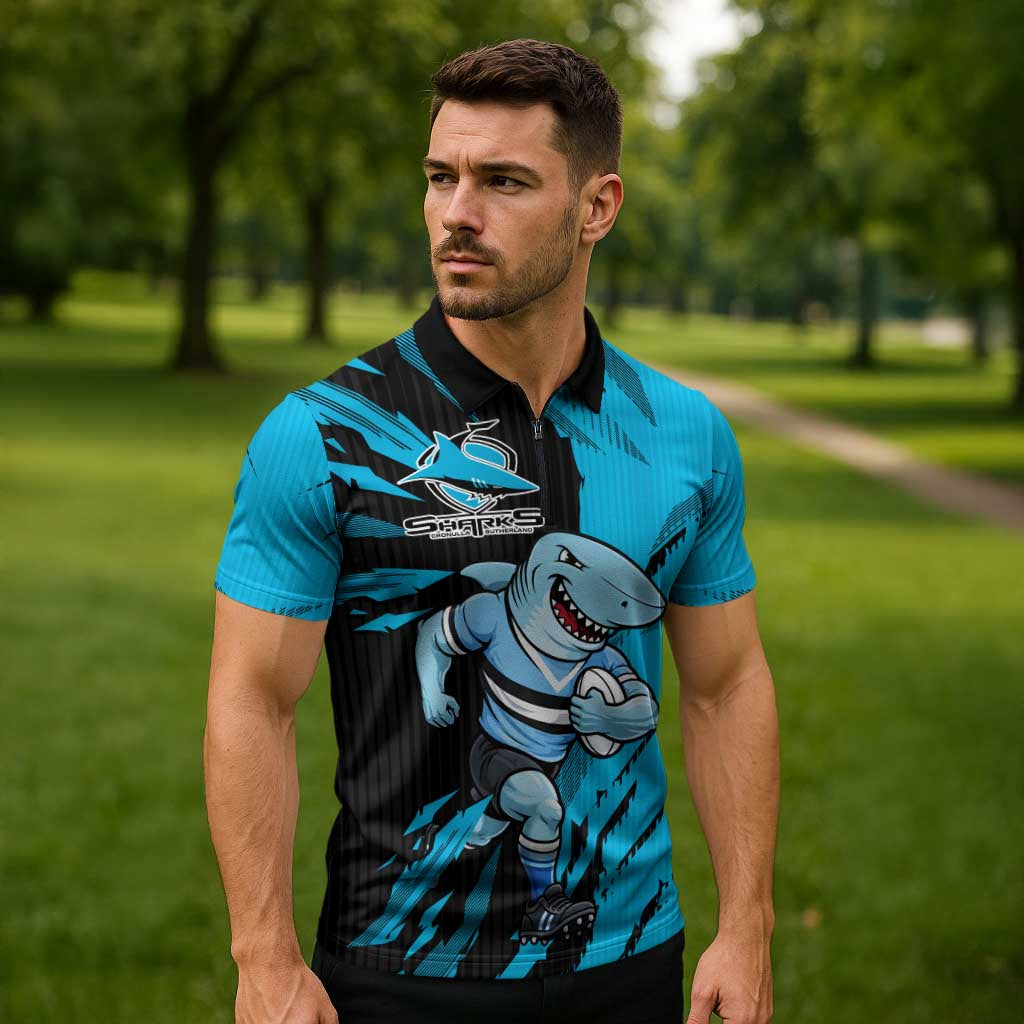 Personalized Cronulla Sharks Zipper Polo Shirt Dynamic Lightning Mascot Rugby Australia