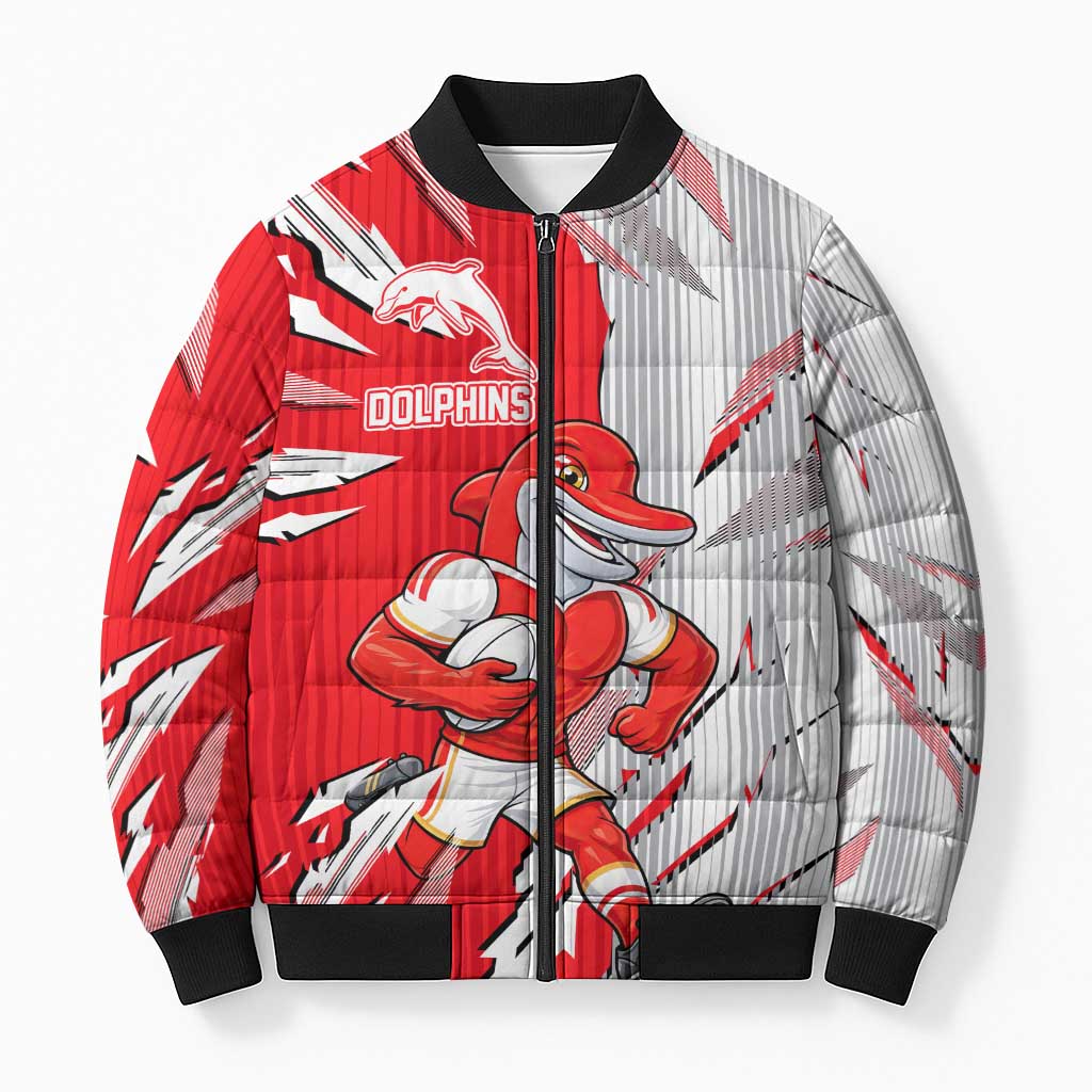 Personalized Dolphins Bomber Puffer Jacket Dynamic Lightning Mascot Rugby Australia