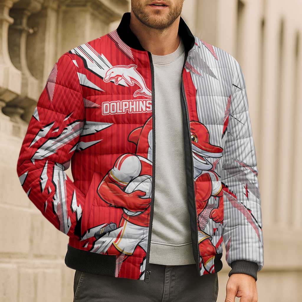 Personalized Dolphins Bomber Puffer Jacket Dynamic Lightning Mascot Rugby Australia