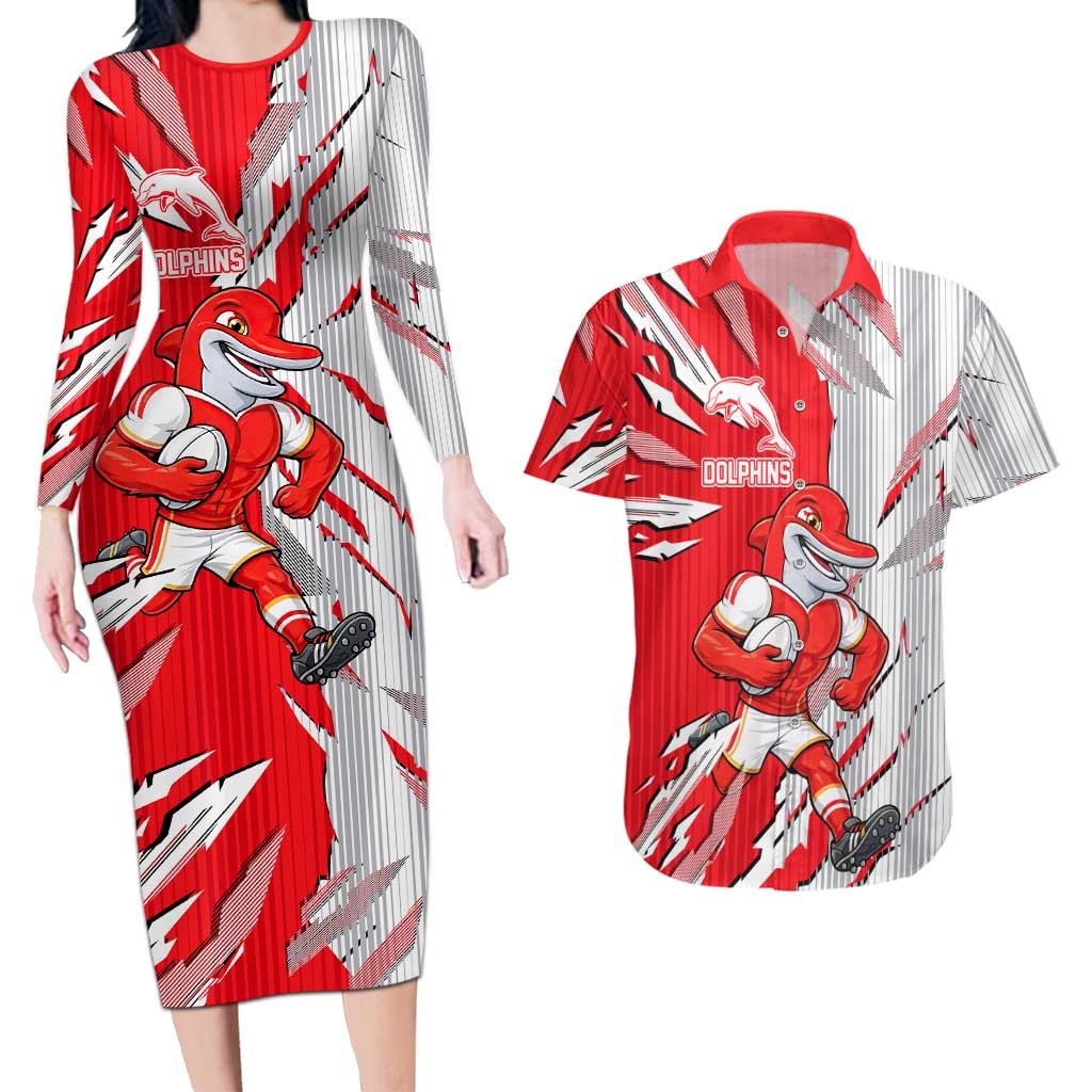 Personalized Dolphins Couples Matching Long Sleeve Bodycon Dress and Hawaiian Shirt Dynamic Lightning Mascot Rugby Australia