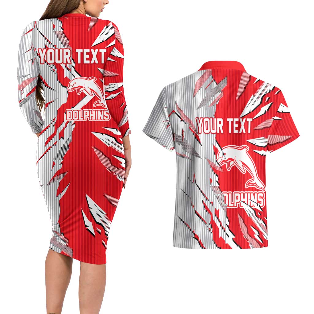 Personalized Dolphins Couples Matching Long Sleeve Bodycon Dress and Hawaiian Shirt Dynamic Lightning Mascot Rugby Australia