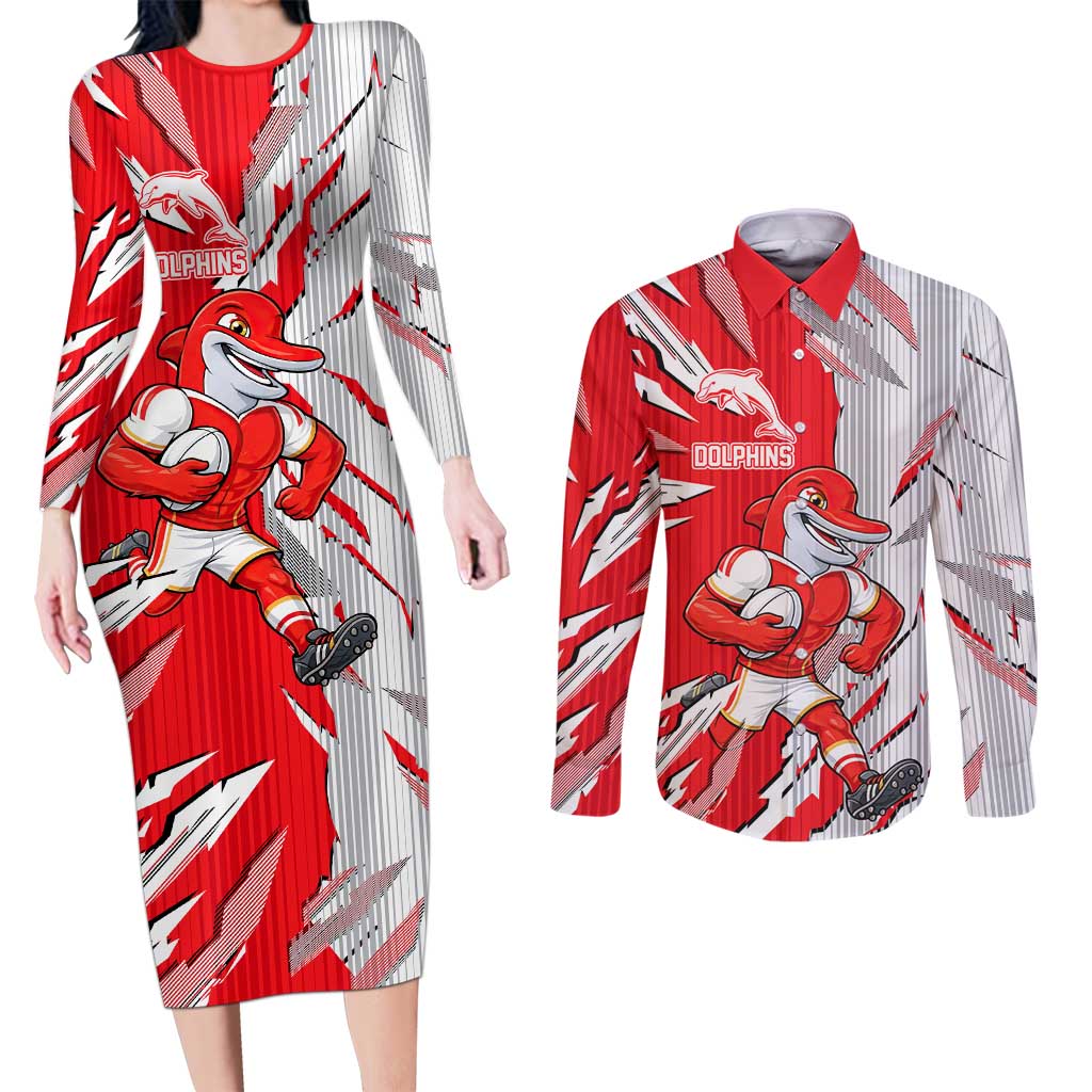 Personalized Dolphins Couples Matching Long Sleeve Bodycon Dress and Long Sleeve Button Shirt Dynamic Lightning Mascot Rugby Australia
