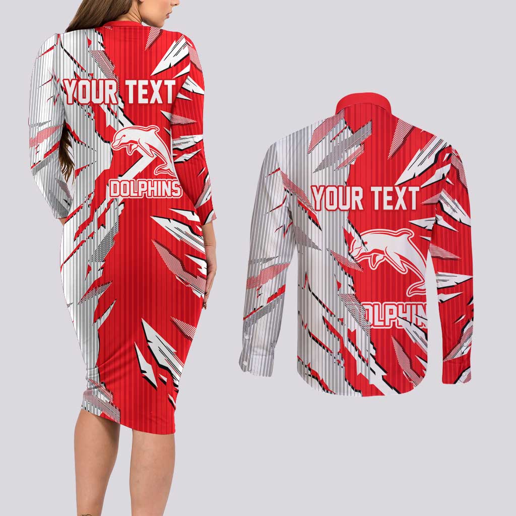 Personalized Dolphins Couples Matching Long Sleeve Bodycon Dress and Long Sleeve Button Shirt Dynamic Lightning Mascot Rugby Australia