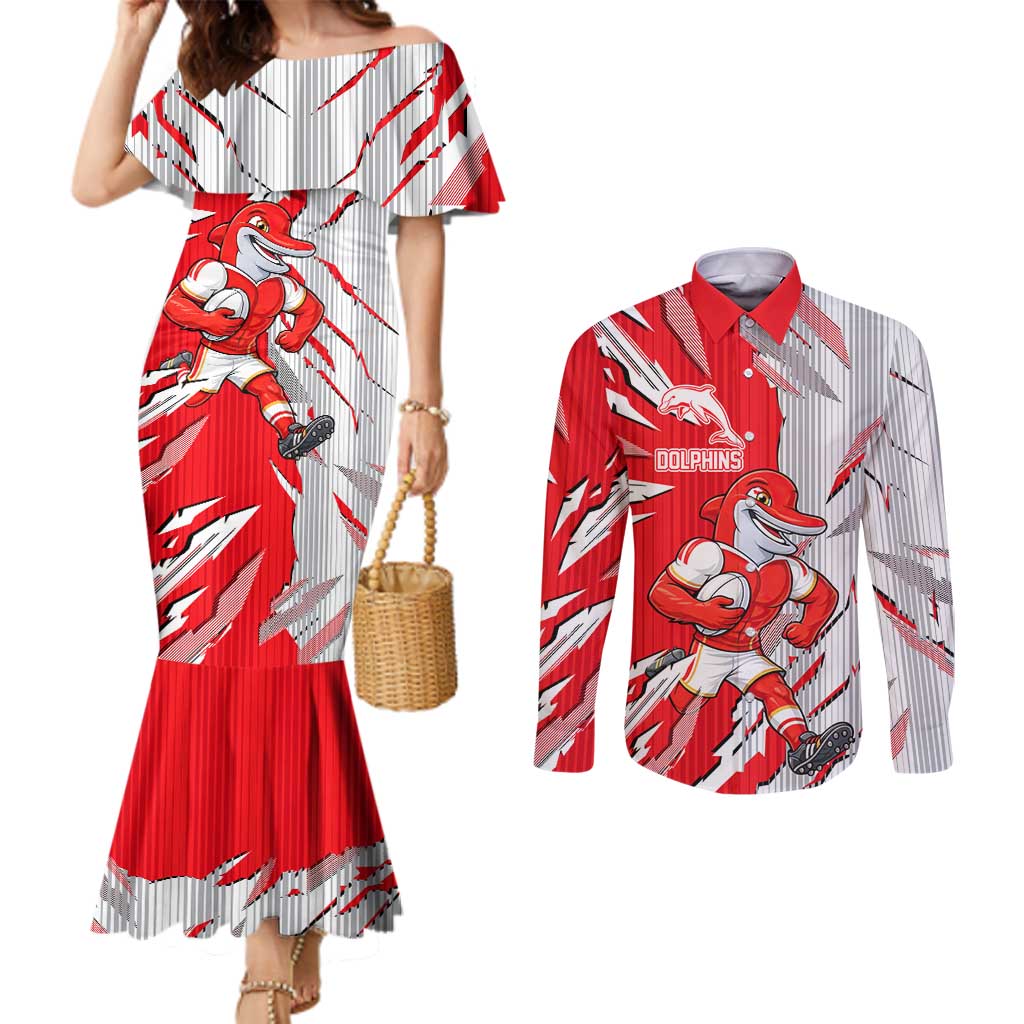 Personalized Dolphins Couples Matching Mermaid Dress and Long Sleeve Button Shirt Dynamic Lightning Mascot Rugby Australia