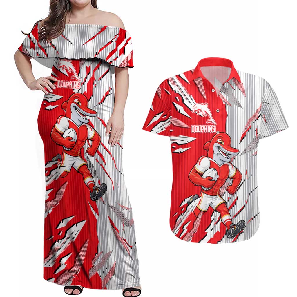 Personalized Dolphins Couples Matching Off Shoulder Maxi Dress and Hawaiian Shirt Dynamic Lightning Mascot Rugby Australia