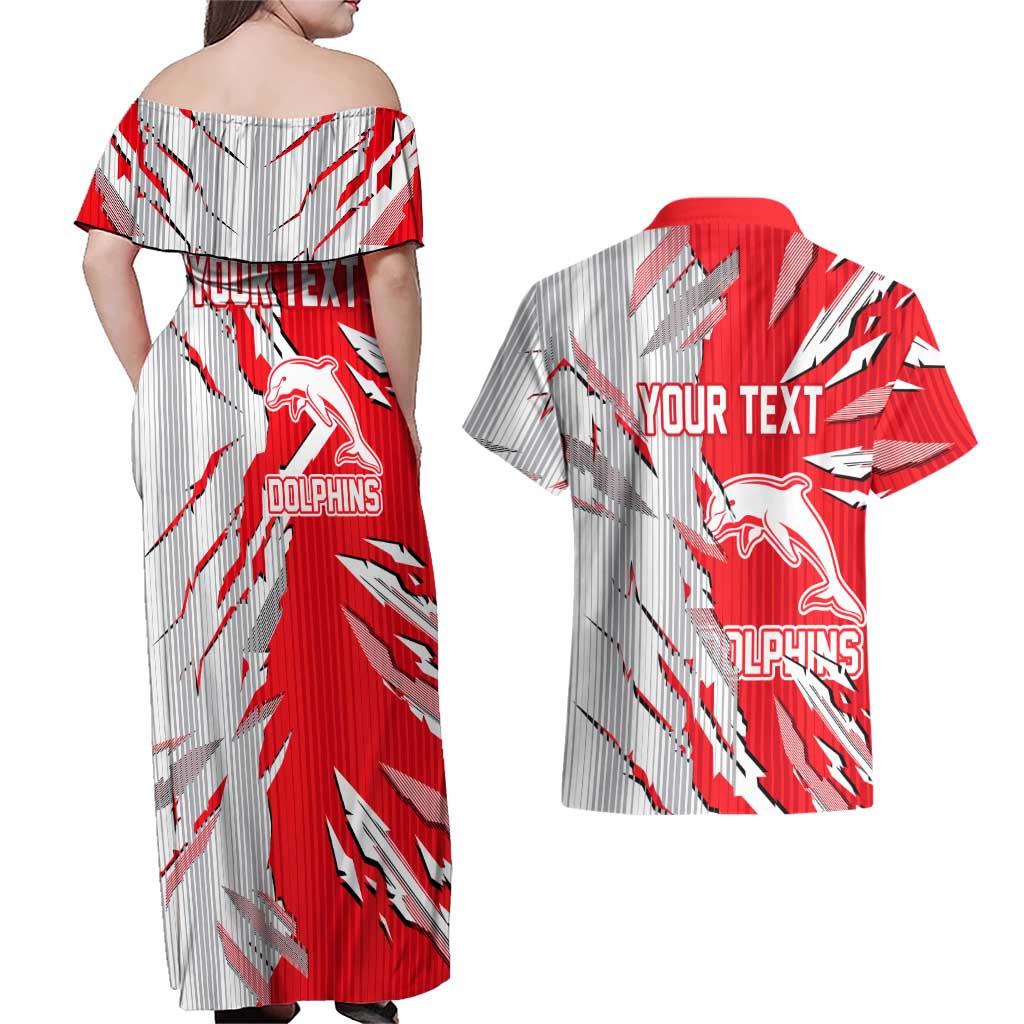 Personalized Dolphins Couples Matching Off Shoulder Maxi Dress and Hawaiian Shirt Dynamic Lightning Mascot Rugby Australia