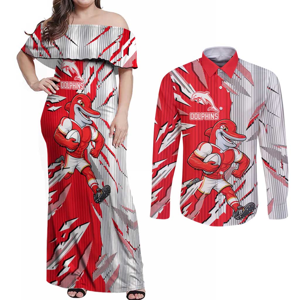 Personalized Dolphins Couples Matching Off Shoulder Maxi Dress and Long Sleeve Button Shirt Dynamic Lightning Mascot Rugby Australia