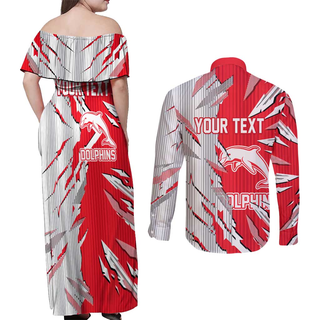 Personalized Dolphins Couples Matching Off Shoulder Maxi Dress and Long Sleeve Button Shirt Dynamic Lightning Mascot Rugby Australia