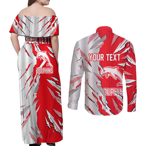 Personalized Dolphins Couples Matching Off Shoulder Maxi Dress and Long Sleeve Button Shirt Dynamic Lightning Mascot Rugby Australia