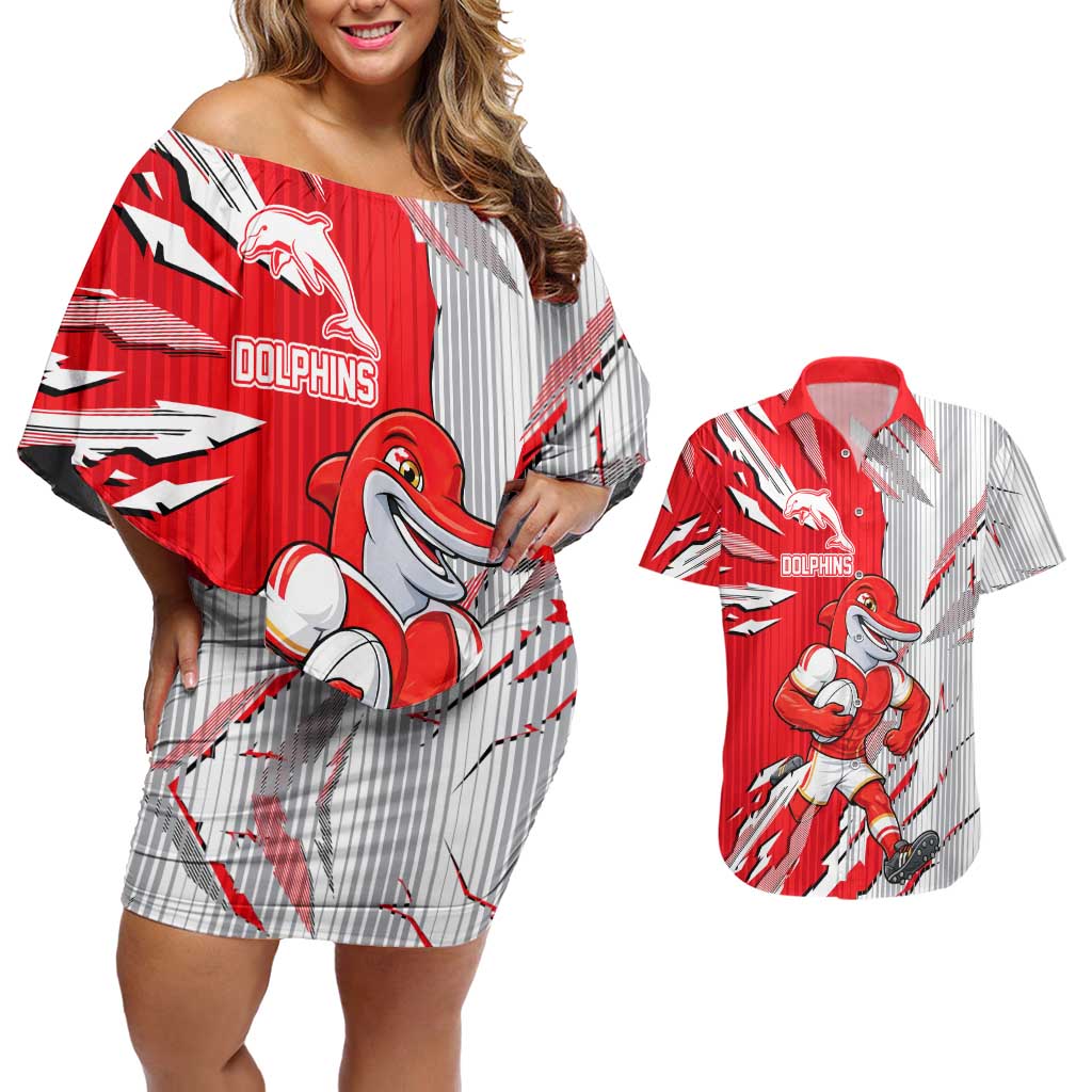 Personalized Dolphins Couples Matching Off Shoulder Short Dress and Hawaiian Shirt Dynamic Lightning Mascot Rugby Australia