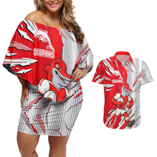 Personalized Dolphins Couples Matching Off Shoulder Short Dress and Hawaiian Shirt Dynamic Lightning Mascot Rugby Australia