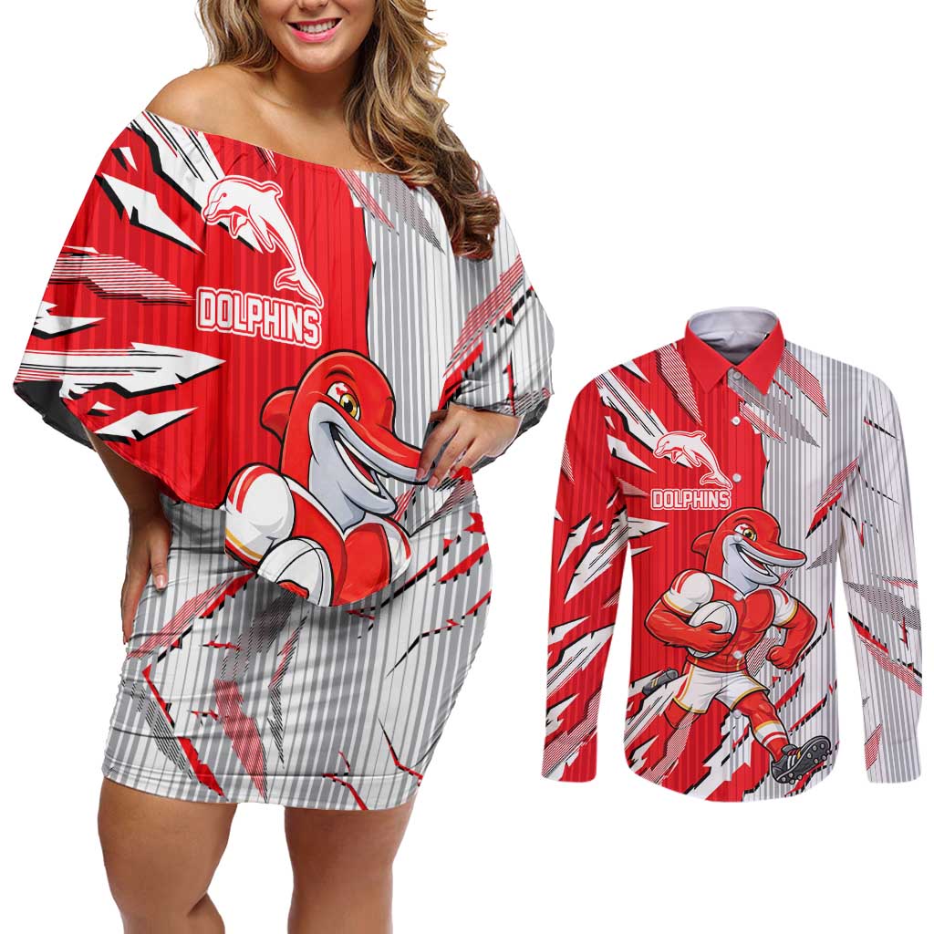 Personalized Dolphins Couples Matching Off Shoulder Short Dress and Long Sleeve Button Shirt Dynamic Lightning Mascot Rugby Australia