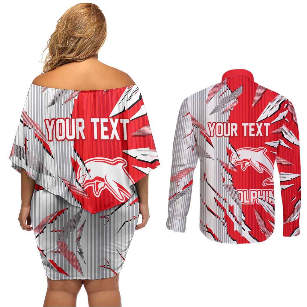 Personalized Dolphins Couples Matching Off Shoulder Short Dress and Long Sleeve Button Shirt Dynamic Lightning Mascot Rugby Australia