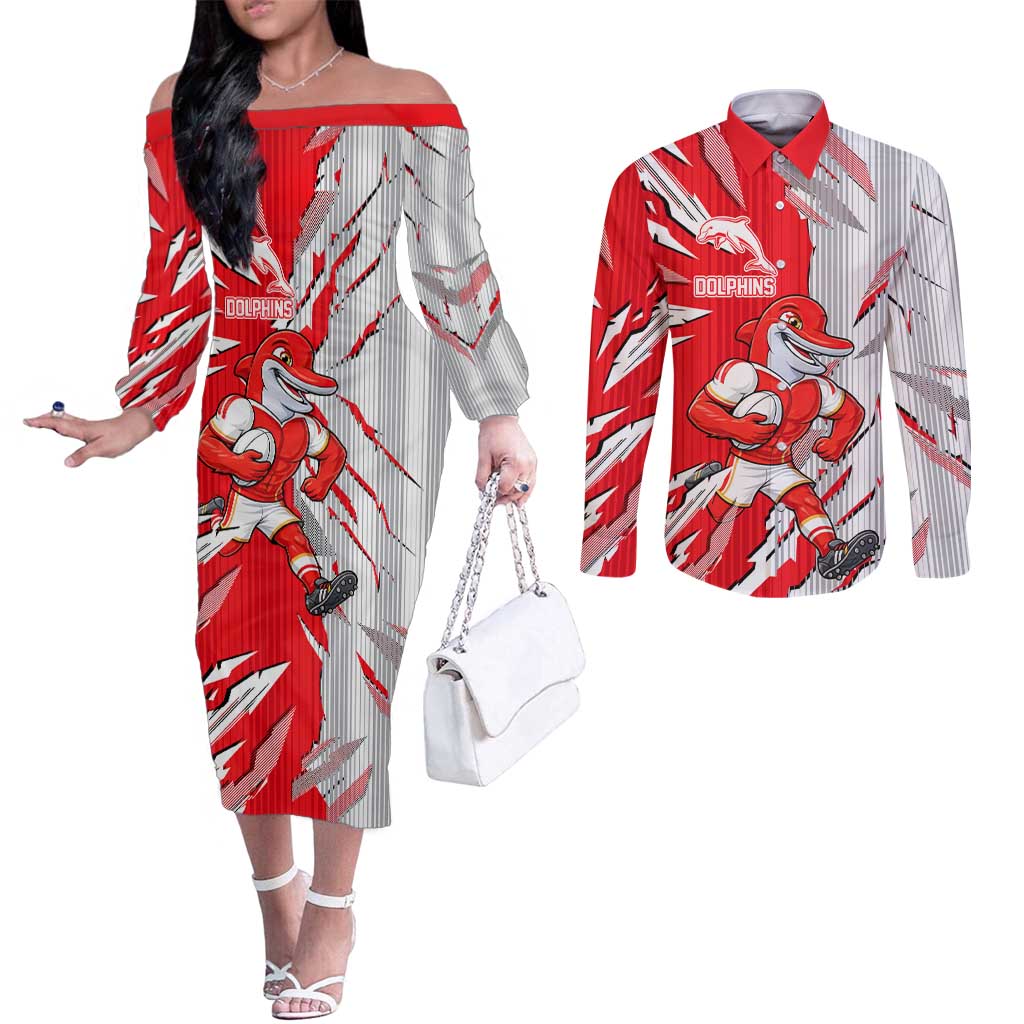 Personalized Dolphins Couples Matching Off The Shoulder Long Sleeve Dress and Long Sleeve Button Shirt Dynamic Lightning Mascot Rugby Australia