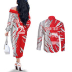 Personalized Dolphins Couples Matching Off The Shoulder Long Sleeve Dress and Long Sleeve Button Shirt Dynamic Lightning Mascot Rugby Australia