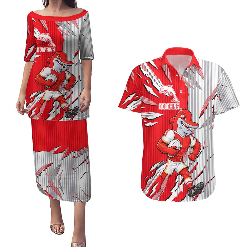 Personalized Dolphins Couples Matching Puletasi and Hawaiian Shirt Dynamic Lightning Mascot Rugby Australia