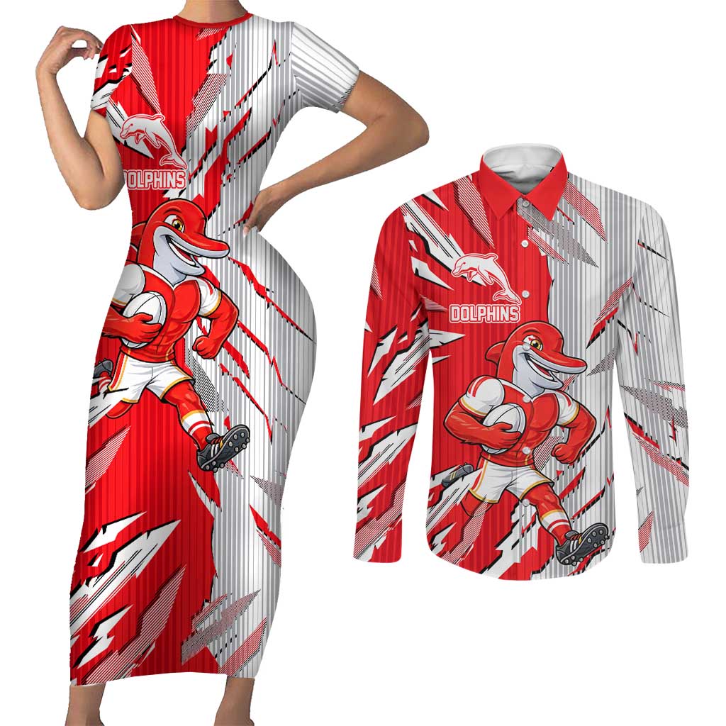 Personalized Dolphins Couples Matching Short Sleeve Bodycon Dress and Long Sleeve Button Shirt Dynamic Lightning Mascot Rugby Australia