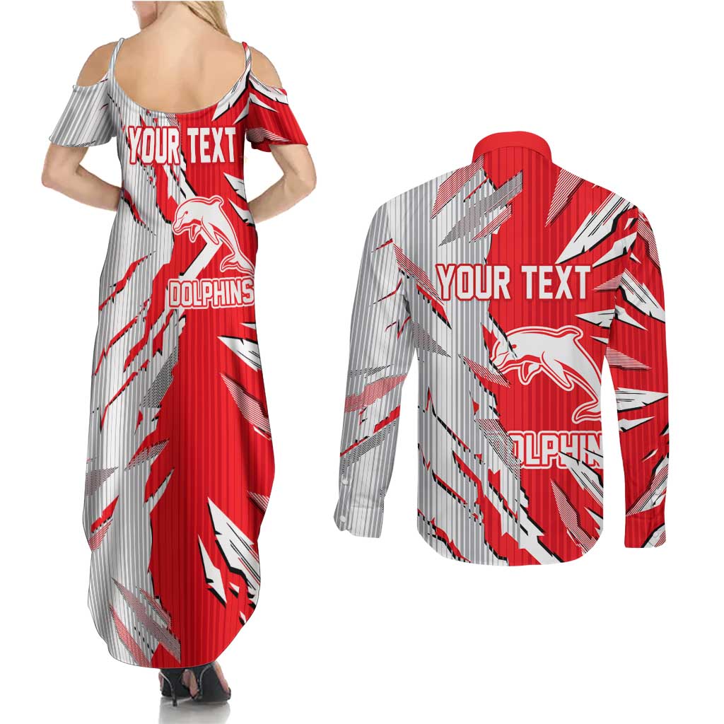 Personalized Dolphins Couples Matching Summer Maxi Dress and Long Sleeve Button Shirt Dynamic Lightning Mascot Rugby Australia